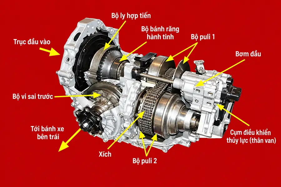 Sơ đồ cấu tạo chi tiết các bộ phận cơ khí bên trong hộp số CVT Audi Multitronic 01J