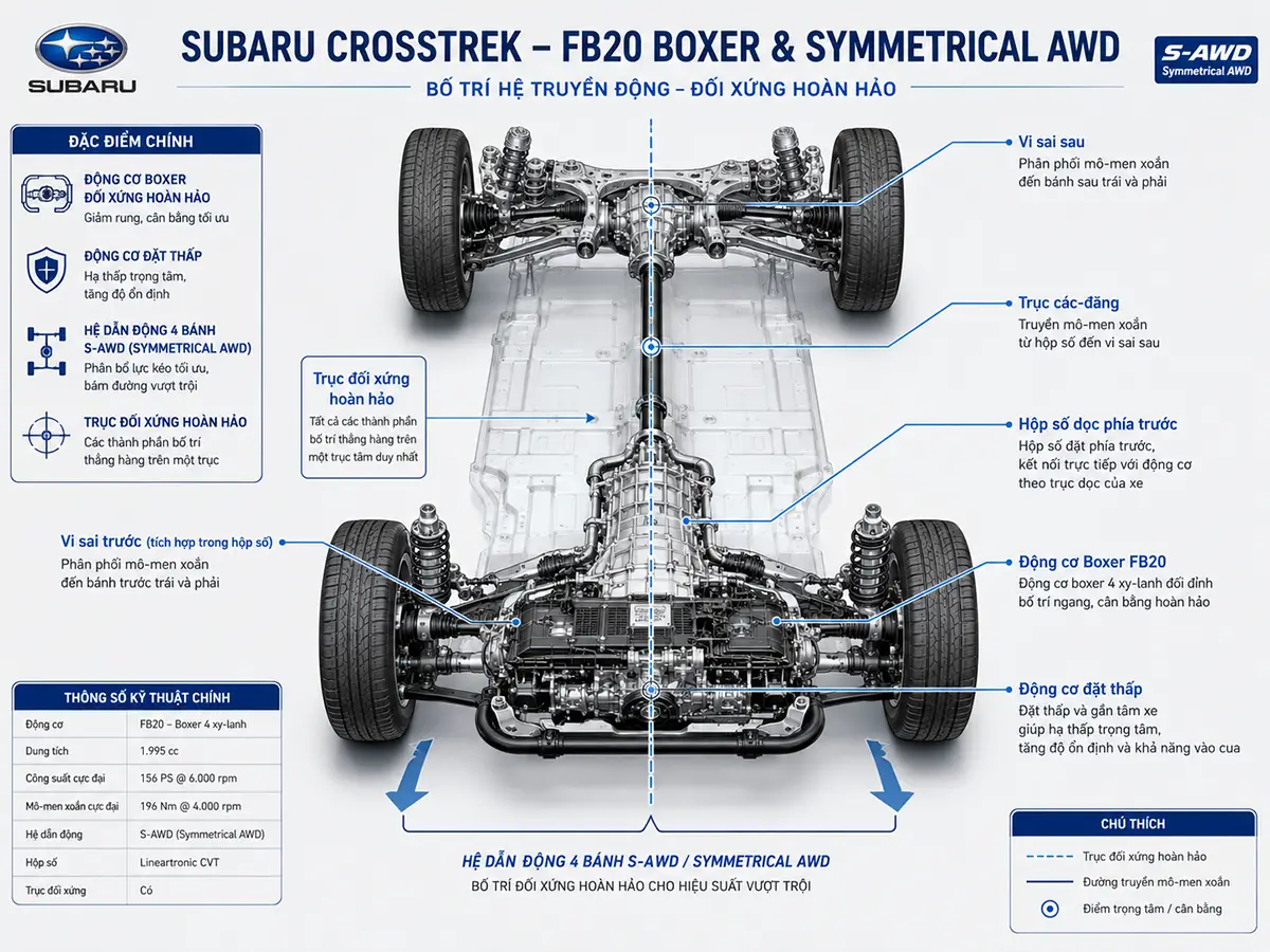 Infographic động cơ Boxer FB20 và hệ dẫn động 4 bánh toàn thời gian đối xứng S-AWD trên Subaru Crosstrek, minh họa bố trí truyền động cân bằng và trọng tâm thấp.