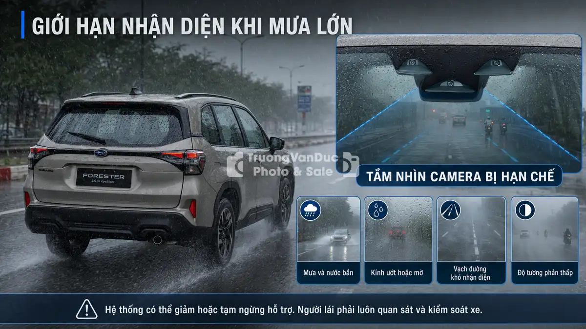 Giới hạn nhận diện của camera EyeSight và Honda Sensing khi di chuyển dưới trời mưa lớn sương mù