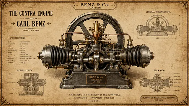 Minh họa động cơ contra engine năm 1897 theo phong cách bản vẽ cơ khí