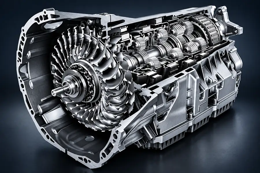 Mặt cắt cấu tạo hộp số tự động có cấp Mercedes-Benz 9G-Tronic với biến mô thủy lực và bánh răng hành tinh