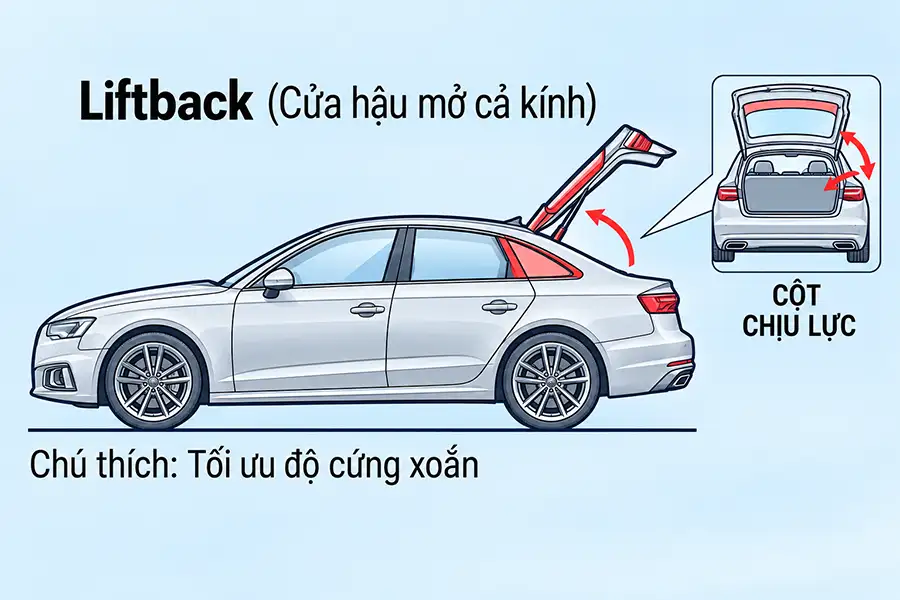 Sơ đồ cơ chế mở cốp hất cả kính sau và cột chịu lực trên kiểu dáng Liftback