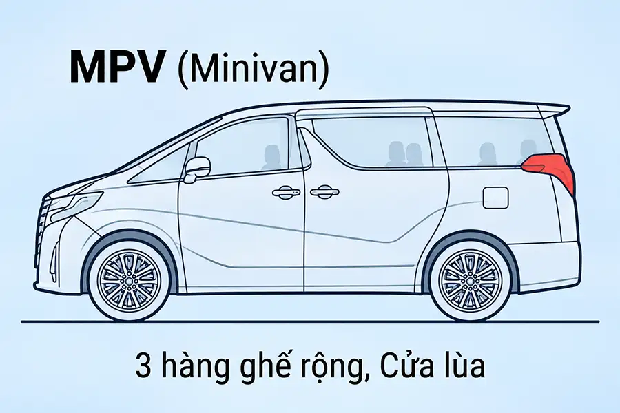 Sơ đồ cấu trúc thân xe đa dụng MPV một khối One-Box 3 hàng ghế cửa lùa
