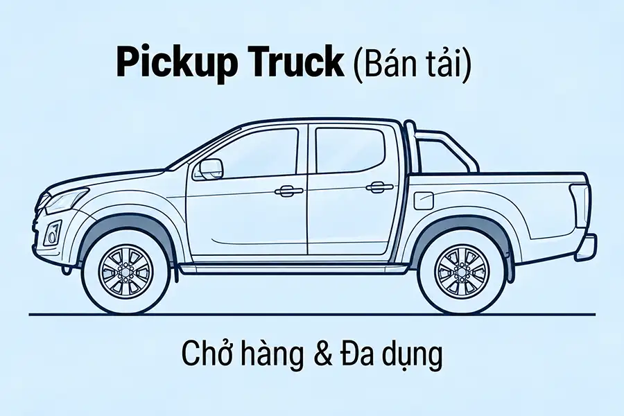 Sơ đồ kết cấu thân xe bán tải Pickup Truck cabin kép và thùng chở hàng lộ thiên