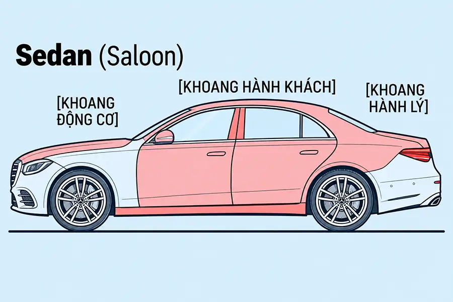 Sơ đồ cấu trúc thân xe 3 khối Three-Box trên dòng Sedan Saloon truyền thống