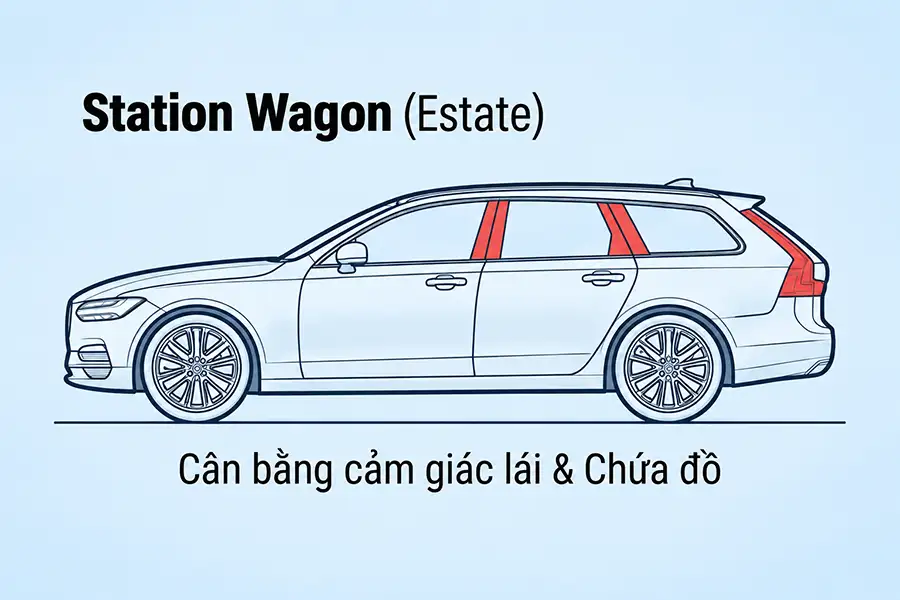 Sơ đồ kết cấu thân xe Station Wagon Estate trần kéo dài qua cột D cân bằng cảm giác lái và chứa đồ