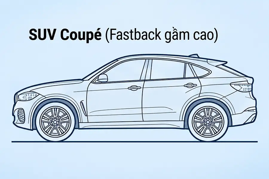 Sơ đồ kiểu dáng thân xe SUV Coupé gầm cao đường mui vuốt dốc Fastback