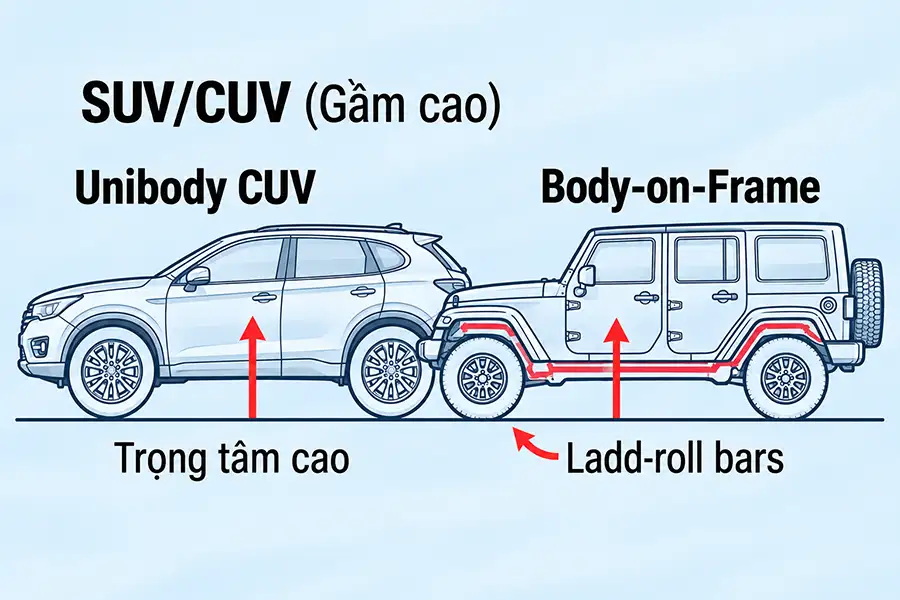 Sơ đồ so sánh kết cấu thân xe CUV Unibody liền khối và SUV Body-on-Frame khung gầm rời