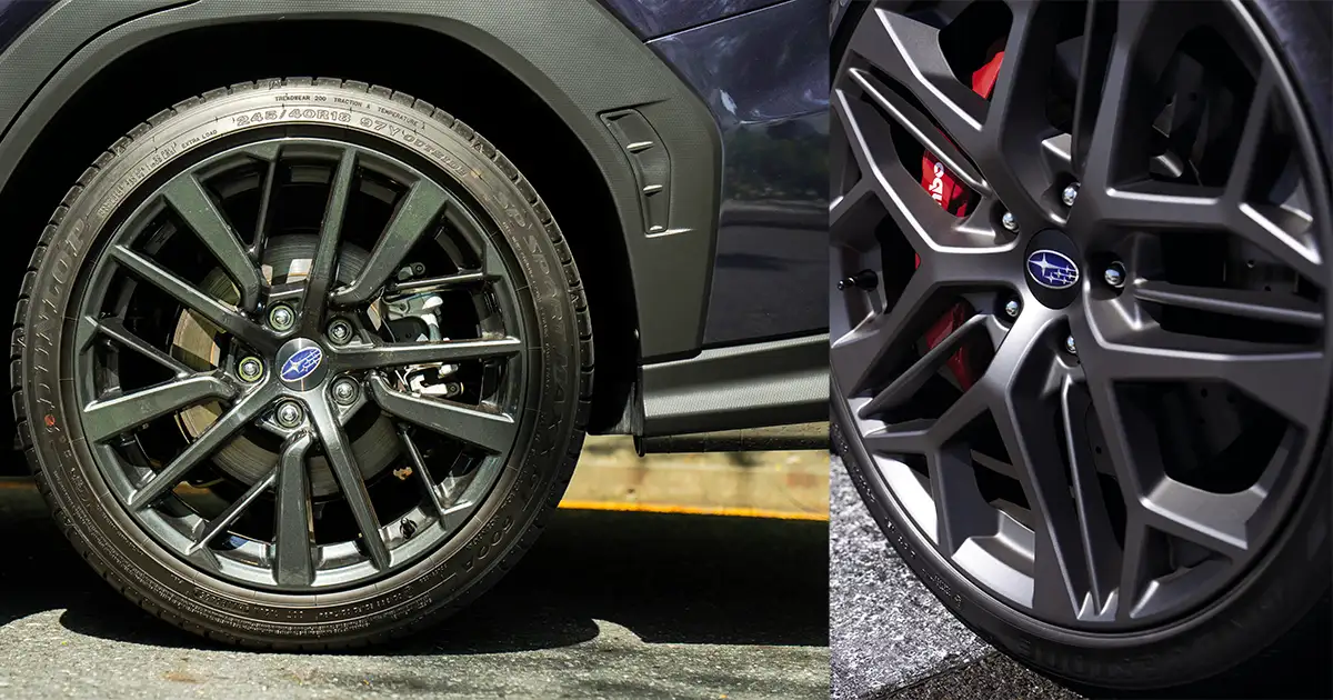 Mâm xe thể thao đa chấu sơn tối màu trên Subaru WRX tS phiên bản số sàn 6MT và số tự động EyeSight CVT.