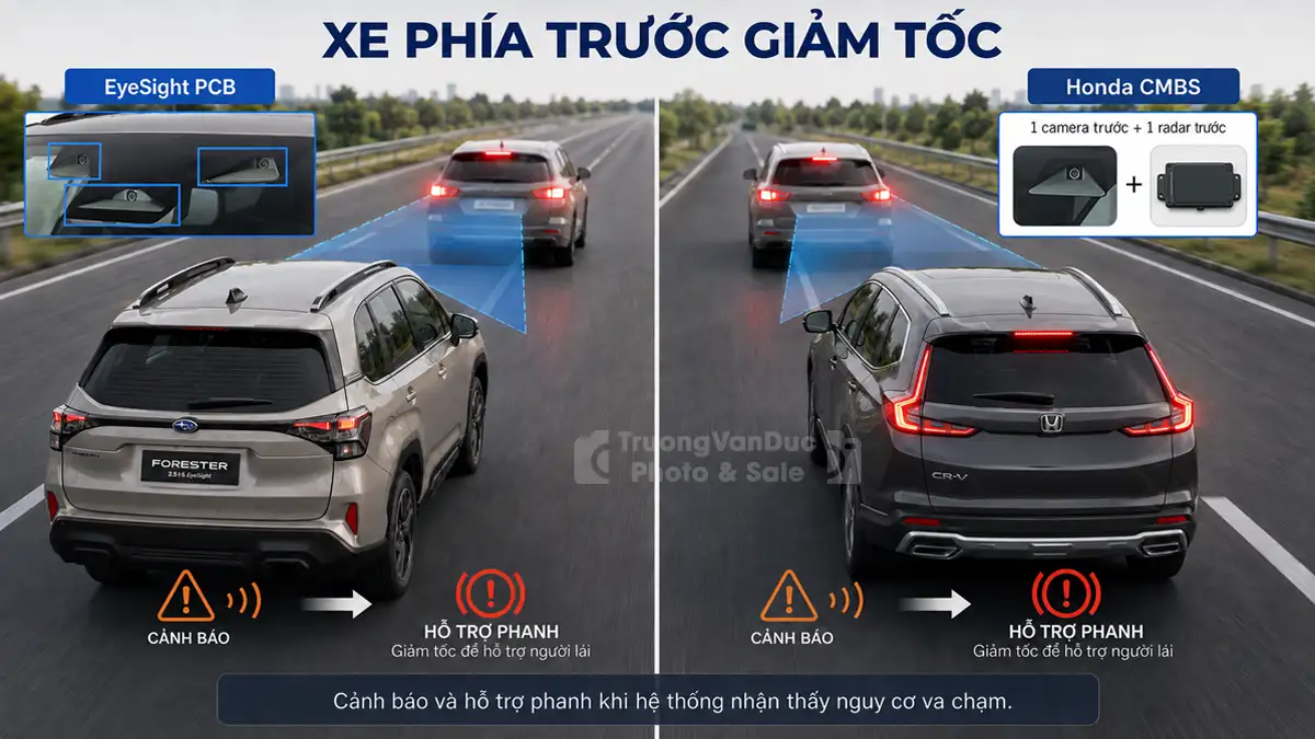 So sánh cơ chế phanh tự động tránh va chạm PCB EyeSight và CMBS Honda Sensing khi xe phía trước giảm tốc