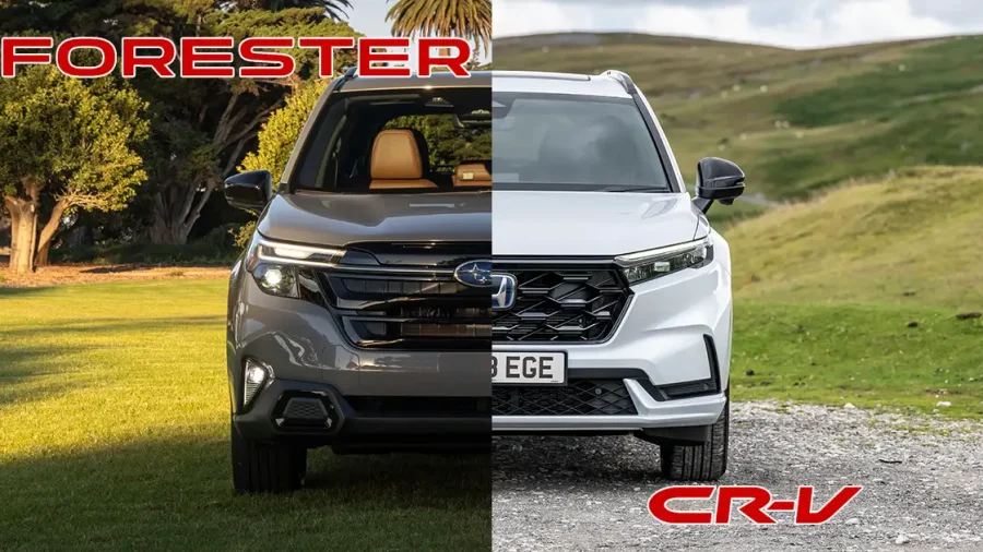 Ảnh ghép so sánh trực diện đầu xe ô tô Subaru Forester màu xám và Honda CR-V màu trắng.