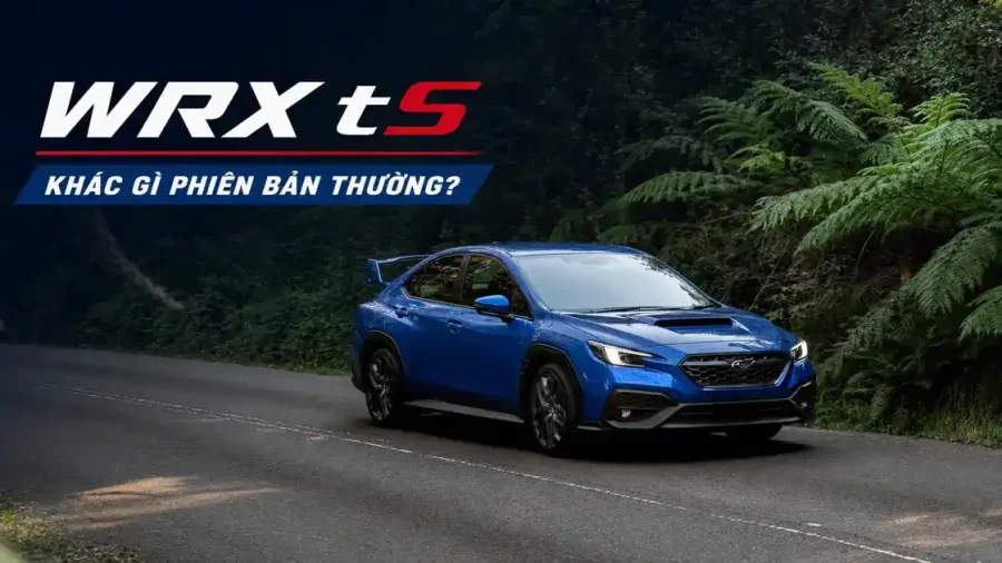 Xe ô tô sedan thể thao Subaru WRX tS màu xanh chạy tốc độ cao trên đường đèo dốc quanh co giữa rừng cây.