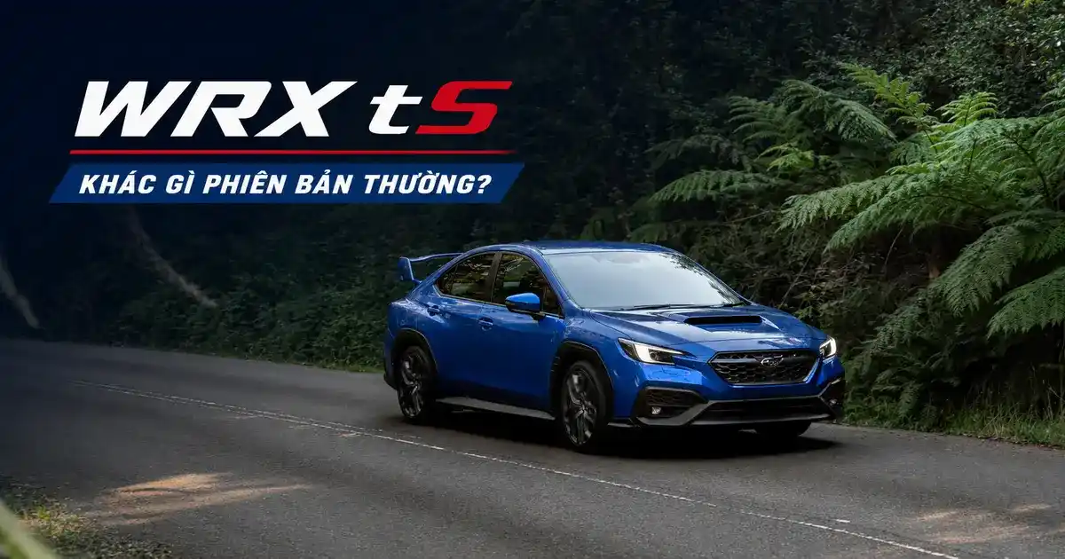 Xe ô tô sedan thể thao Subaru WRX tS màu xanh chạy tốc độ cao trên đường đèo dốc quanh co giữa rừng cây.