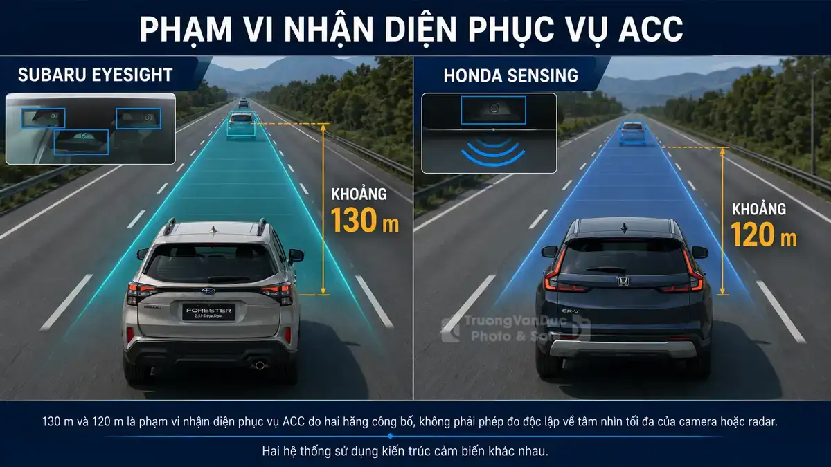 So sánh Honda Sensing vs Subaru EyeSight ở khả năng nhận diện ACC giữa Subaru EyeSight 130m và Honda Sensing 120m trên Forester và CR-V