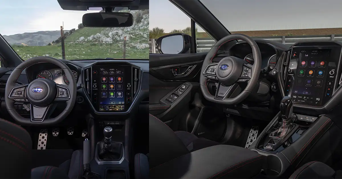 Nội thất khoang lái xe Subaru WRX tS so sánh giữa bản số sàn 6MT và bản số tự động EyeSight CVT.